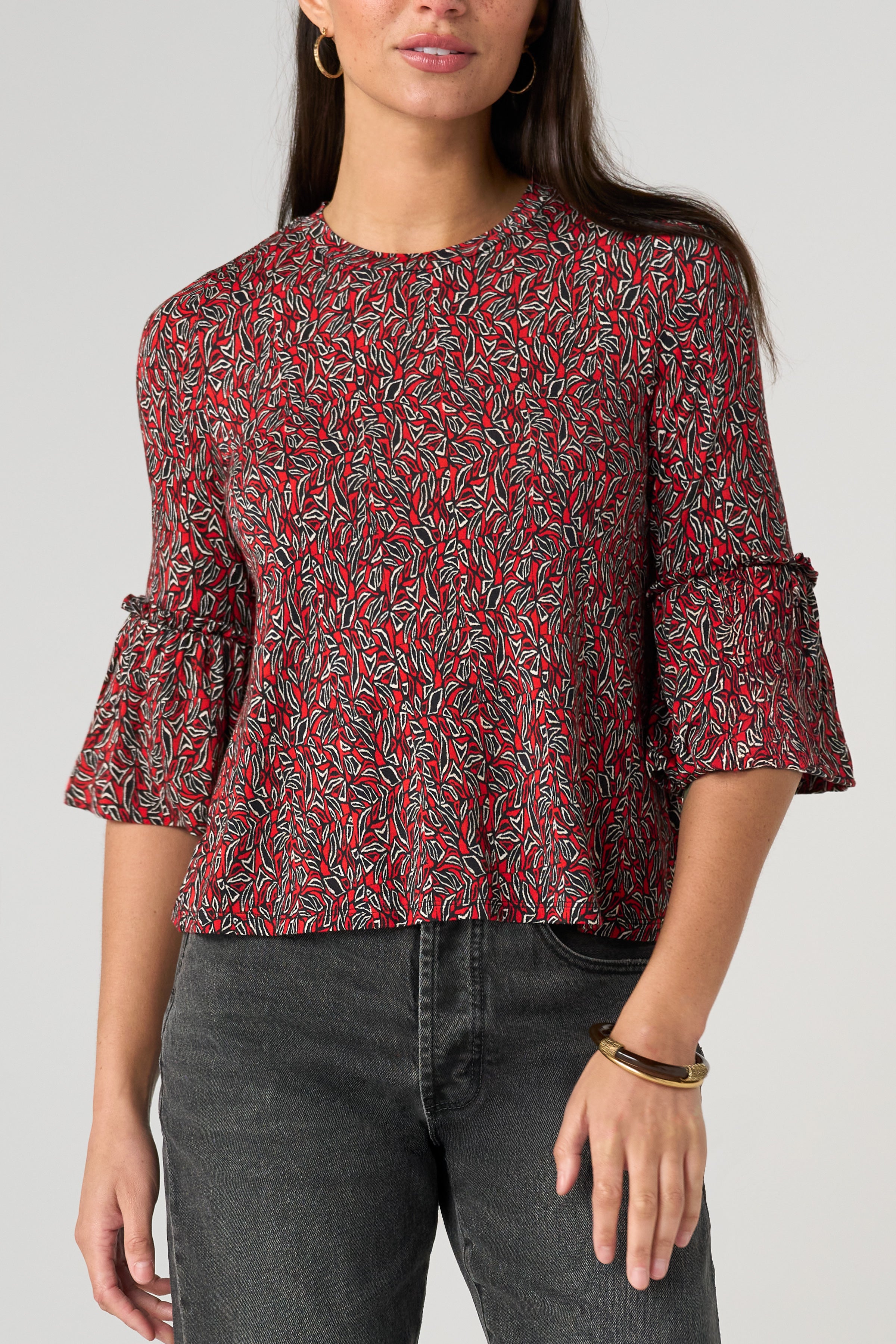 Liverpool Red Geo-Print Flared Half Sleeve Knit Top at ooh la la! in Grapevine TX 76051
