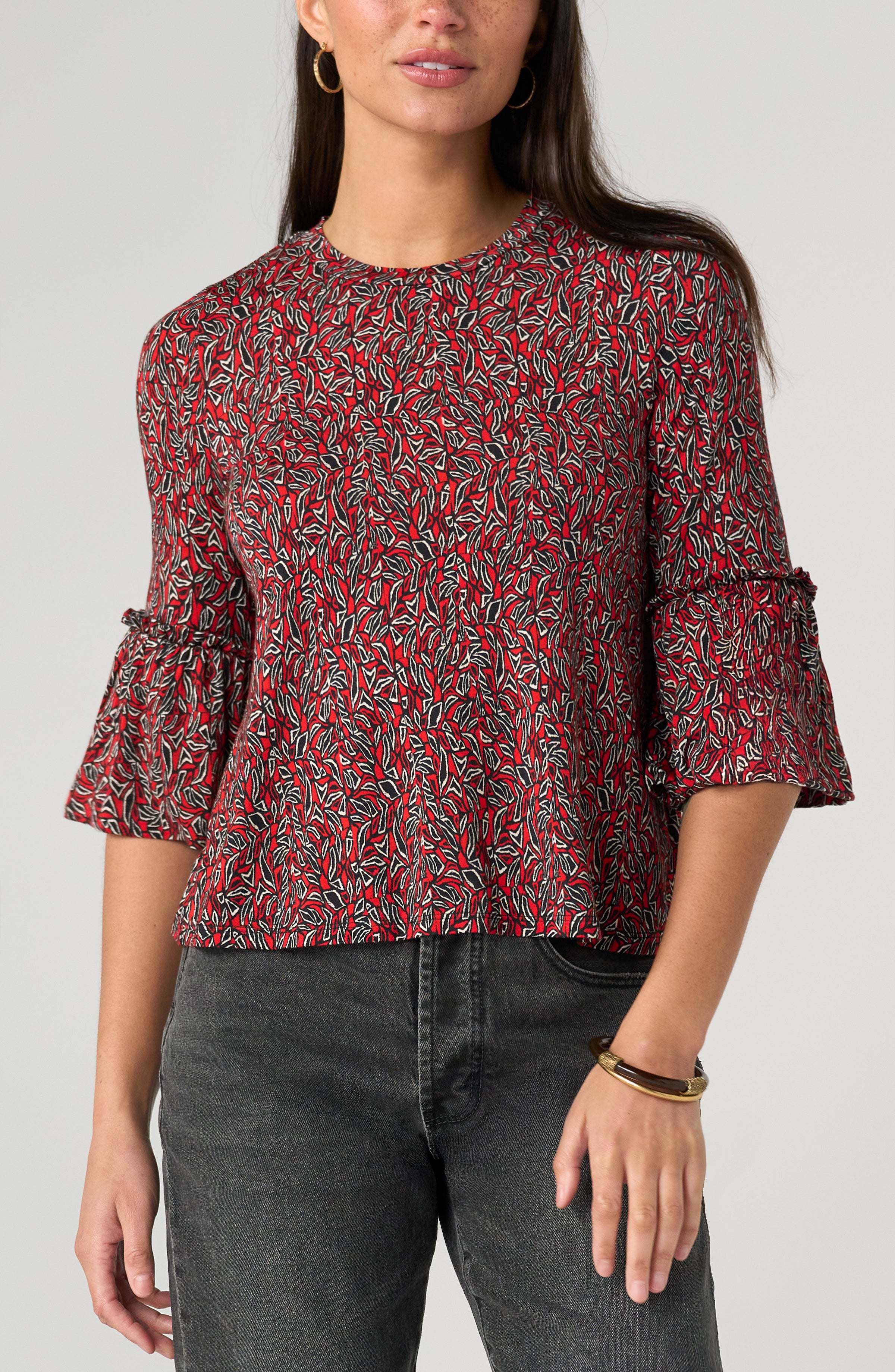 Liverpool Red Geo-Print Flared Half Sleeve Knit Top at ooh la la! in Grapevine TX 76051