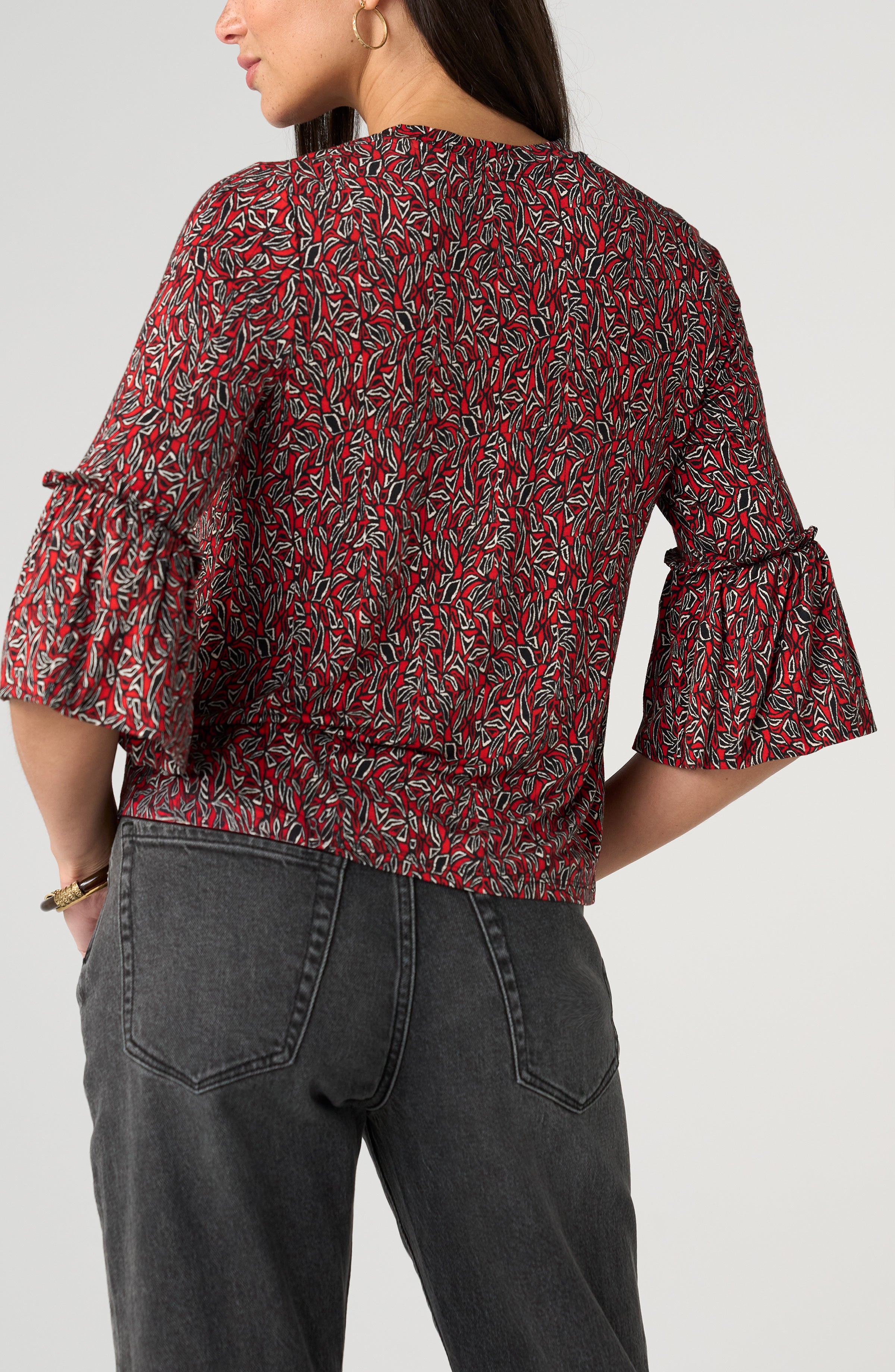 Liverpool Red Geo-Print Flared Half Sleeve Knit Top at ooh la la! in Grapevine TX 76051