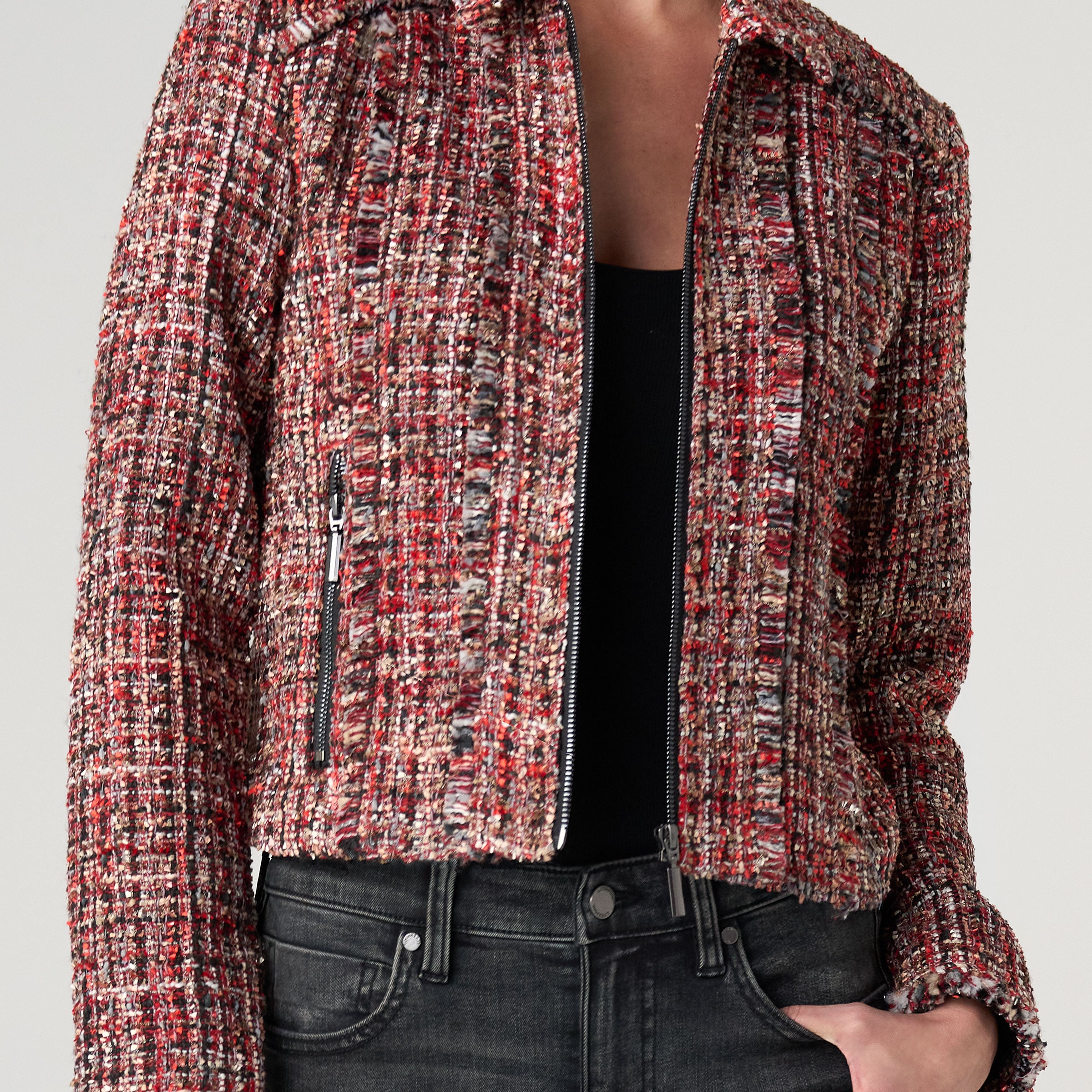 Liverpool Red Multi Tweed Fringe Jacket – Sophisticated Zip-Front Statement Piece at ooh la la! in Grapevine TX 76051