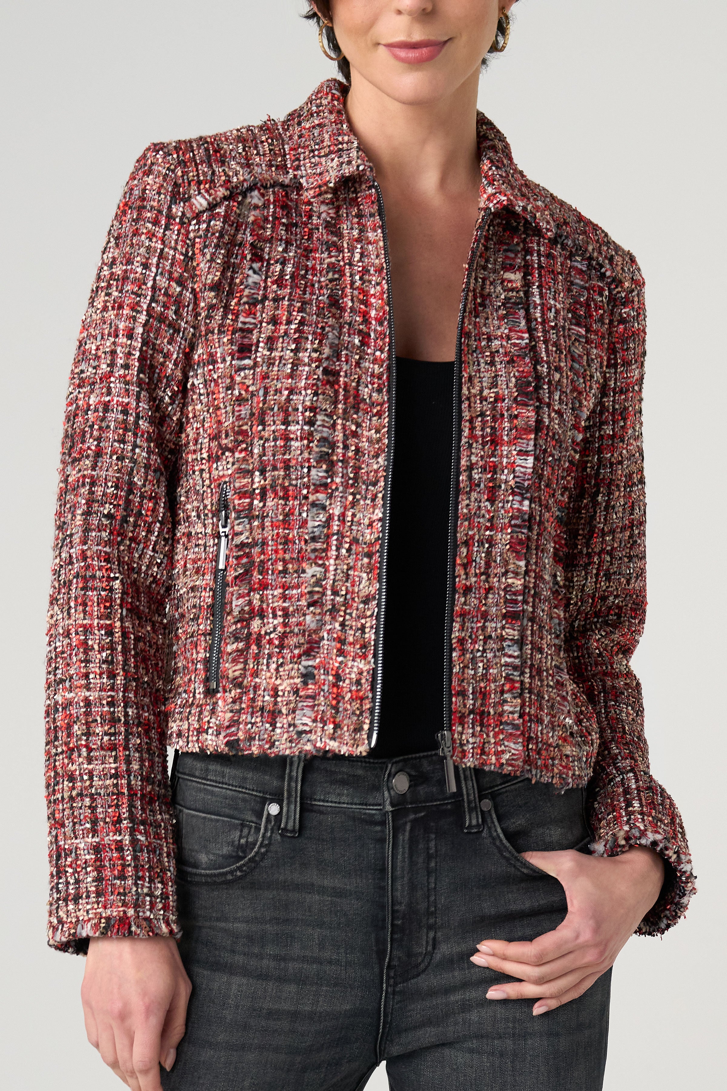 Liverpool Red Multi Tweed Fringe Jacket – Sophisticated Zip-Front Statement Piece at ooh la la! in Grapevine TX 76051