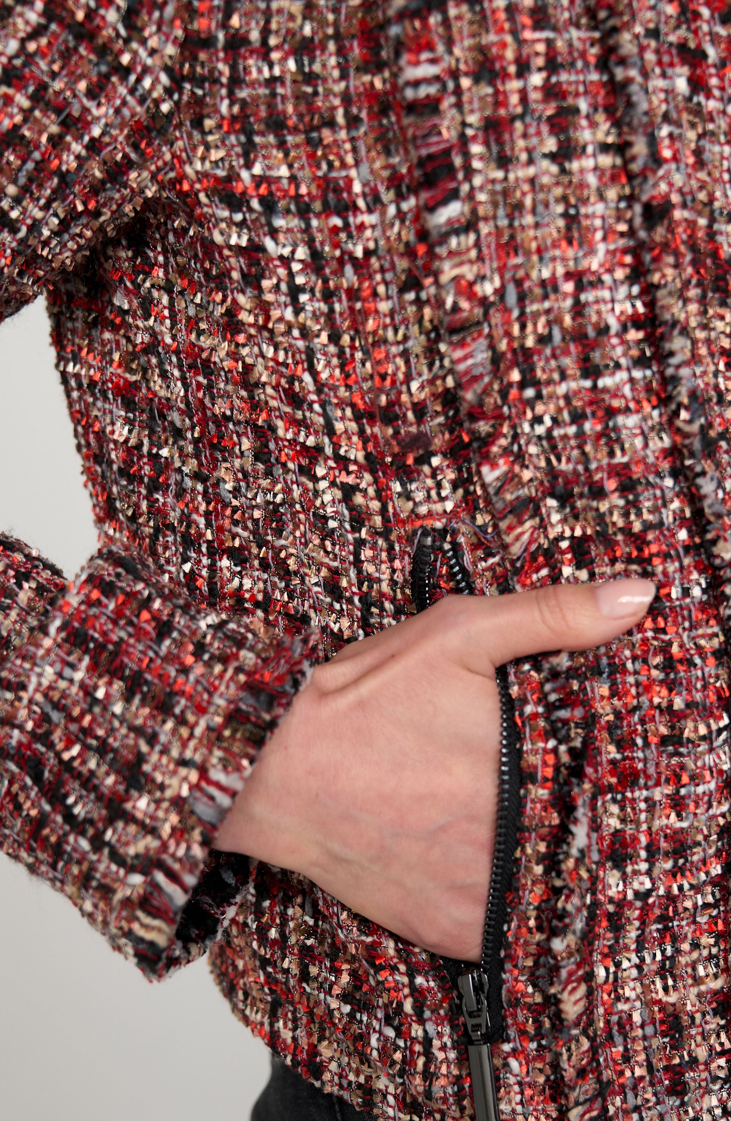 Liverpool Red Multi Tweed Fringe Jacket – Sophisticated Zip-Front Statement Piece at ooh la la! in Grapevine TX 76051