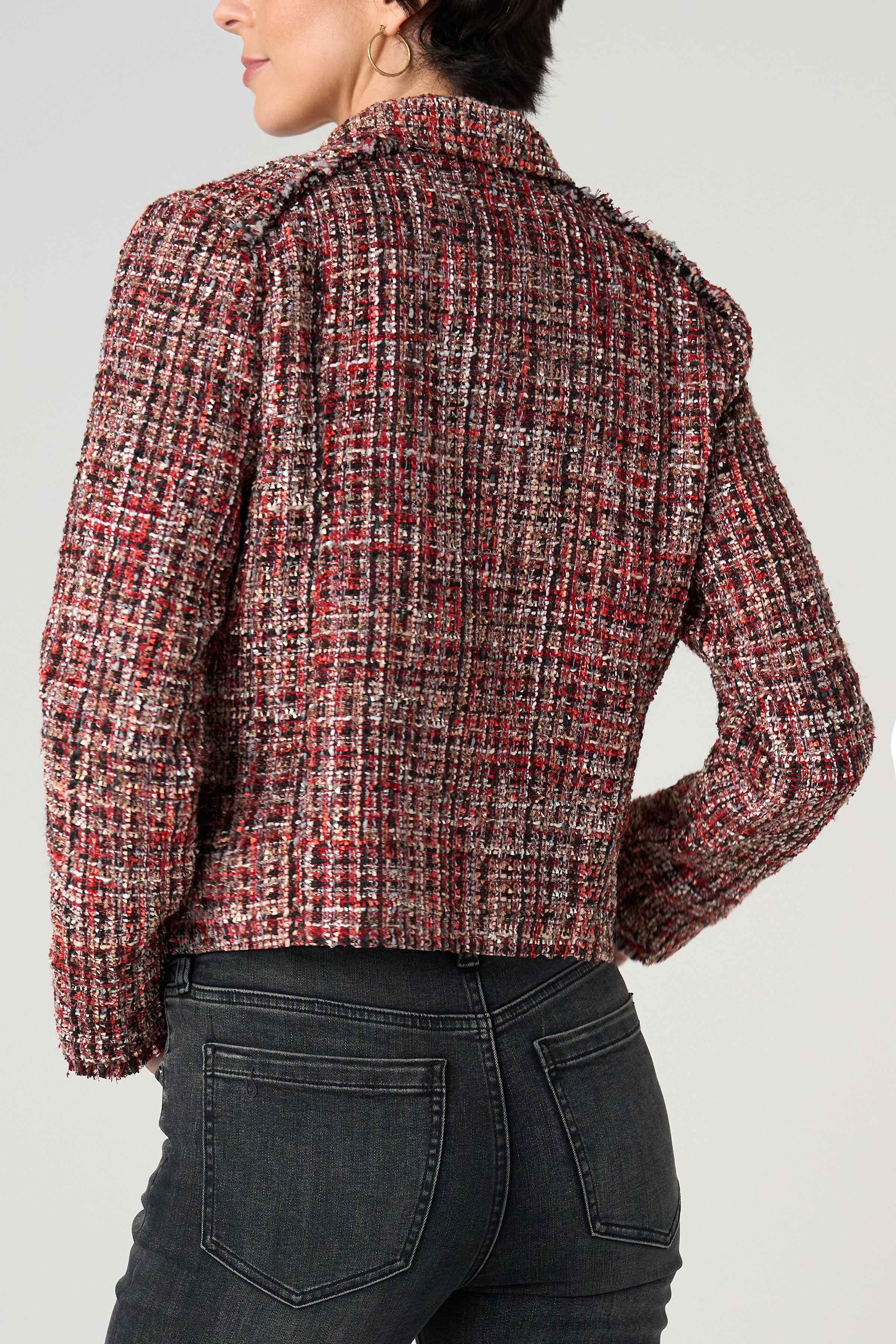 Liverpool Red Multi Tweed Fringe Jacket – Sophisticated Zip-Front Statement Piece at ooh la la! in Grapevine TX 76051