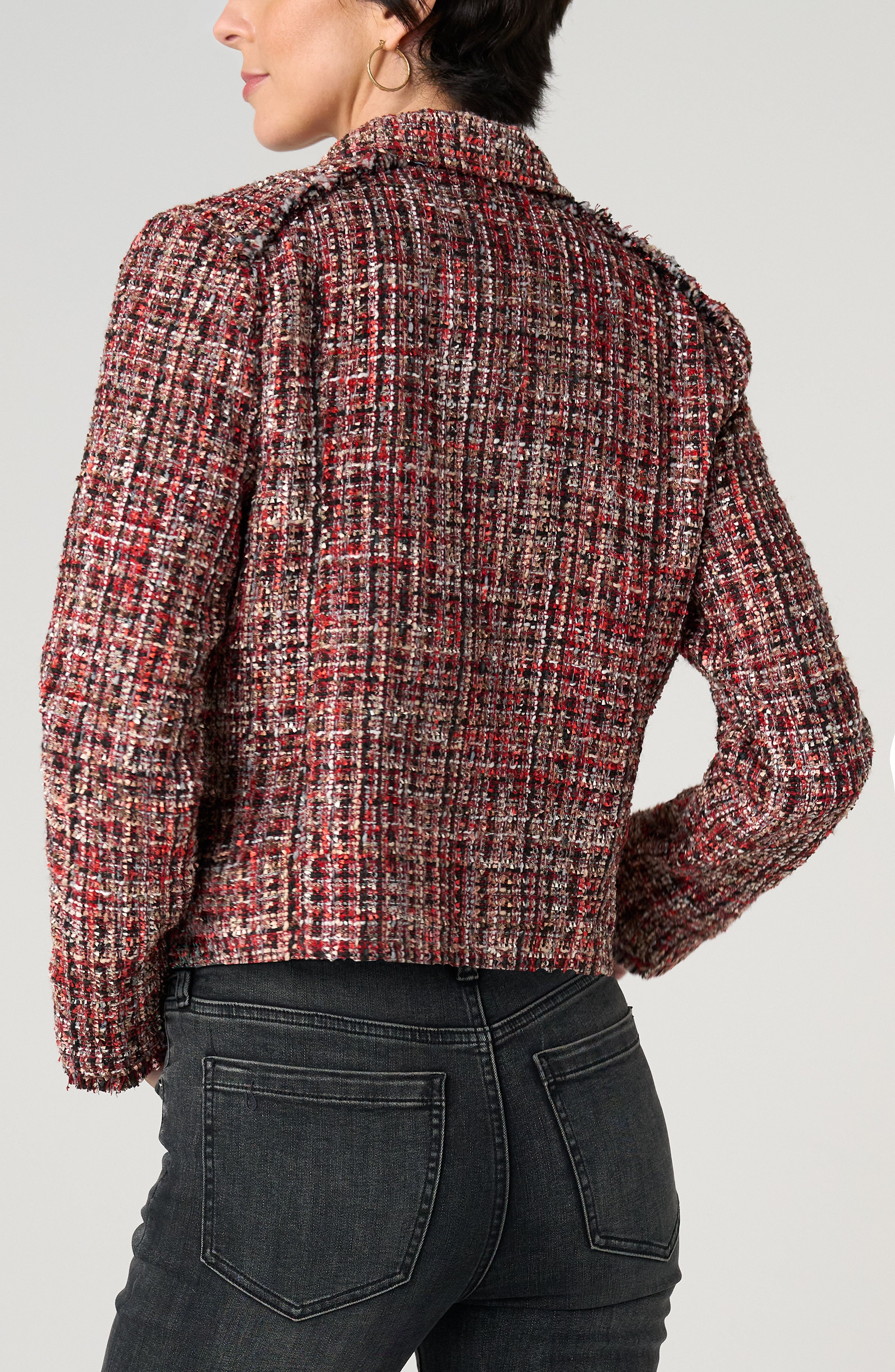 Liverpool Red Multi Tweed Fringe Jacket – Sophisticated Zip-Front Statement Piece at ooh la la! in Grapevine TX 76051
