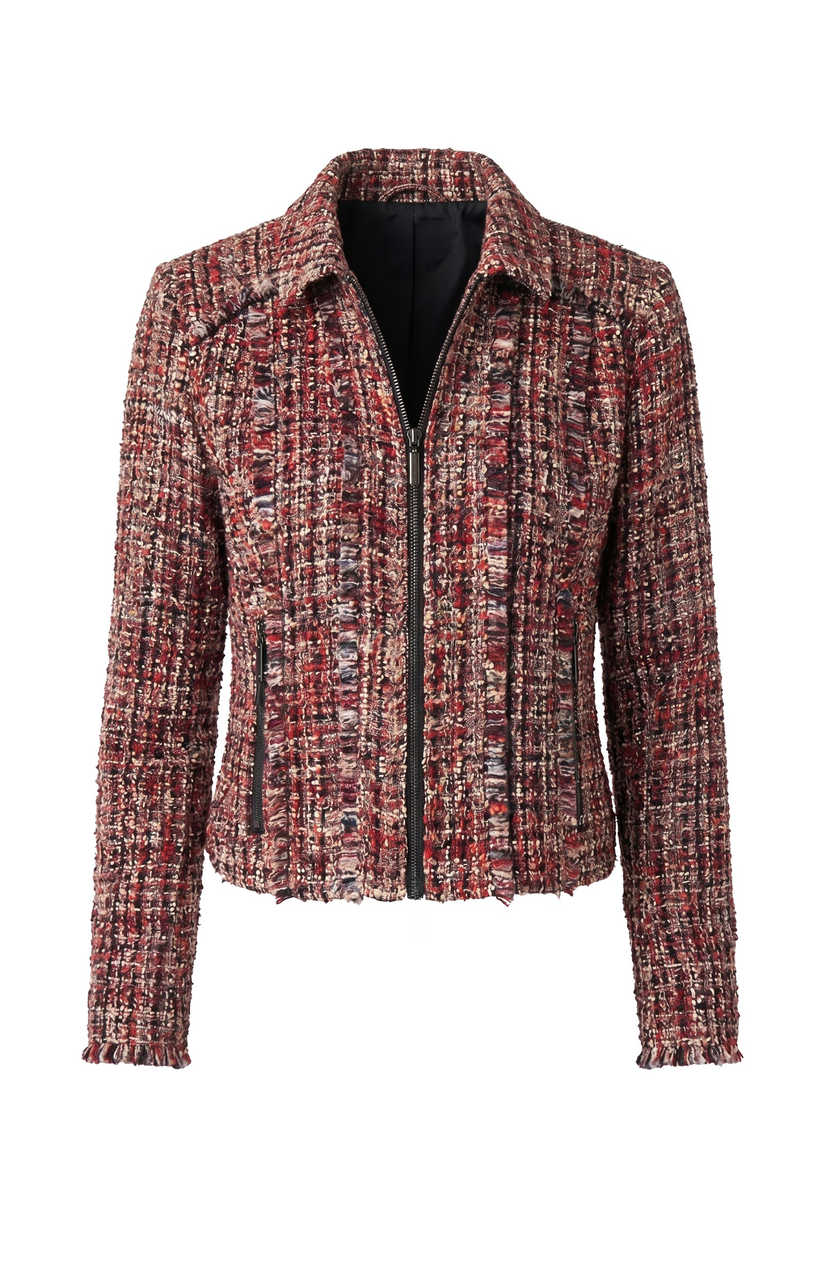 Liverpool Red Multi Tweed Fringe Jacket – Sophisticated Zip-Front Statement Piece at ooh la la! in Grapevine TX 76051