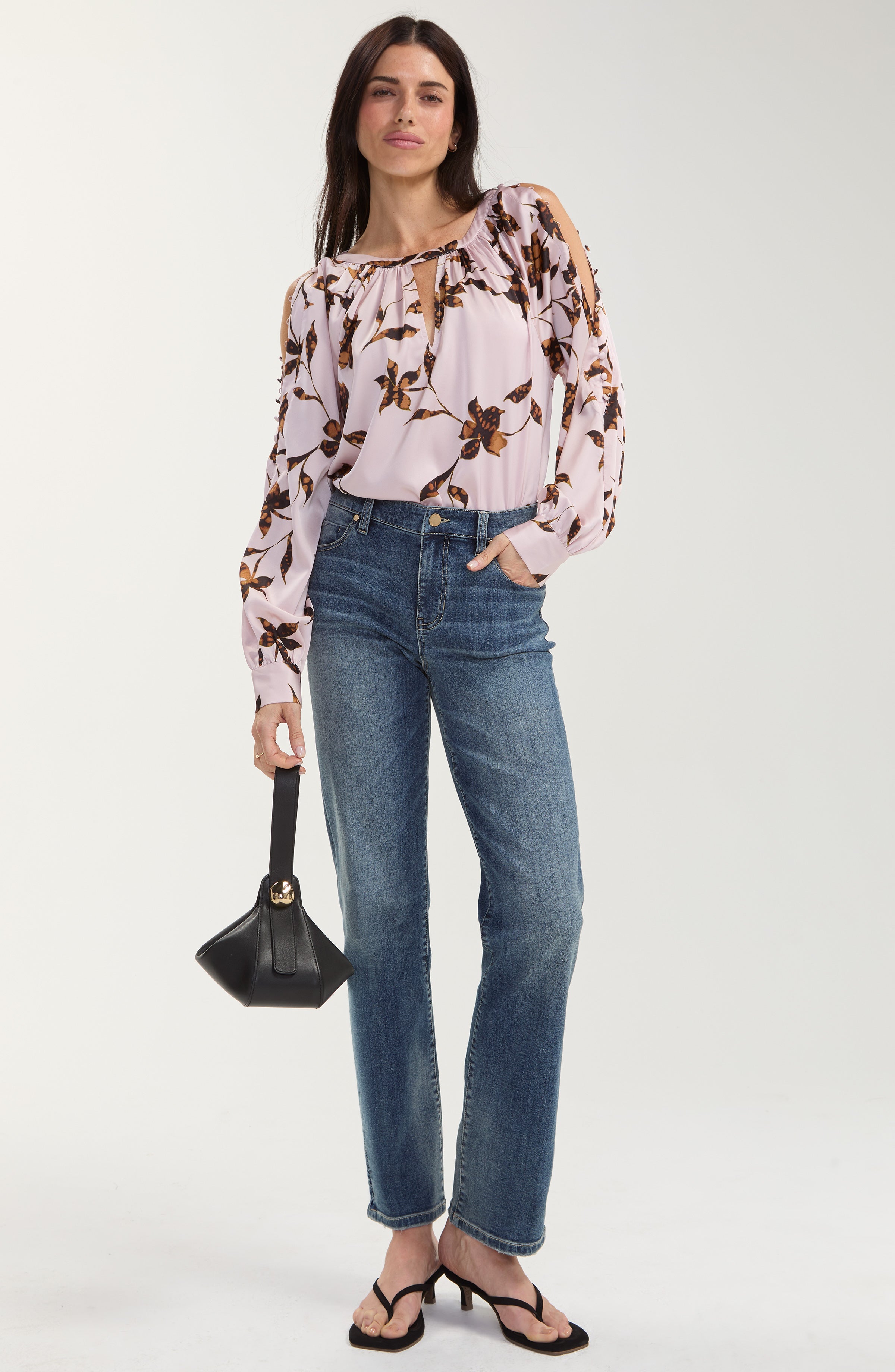 Liverpool Long Sleeve Satin Print Blouse with Buttons on Sleeves at ooh la la in Grapevine TX 76051