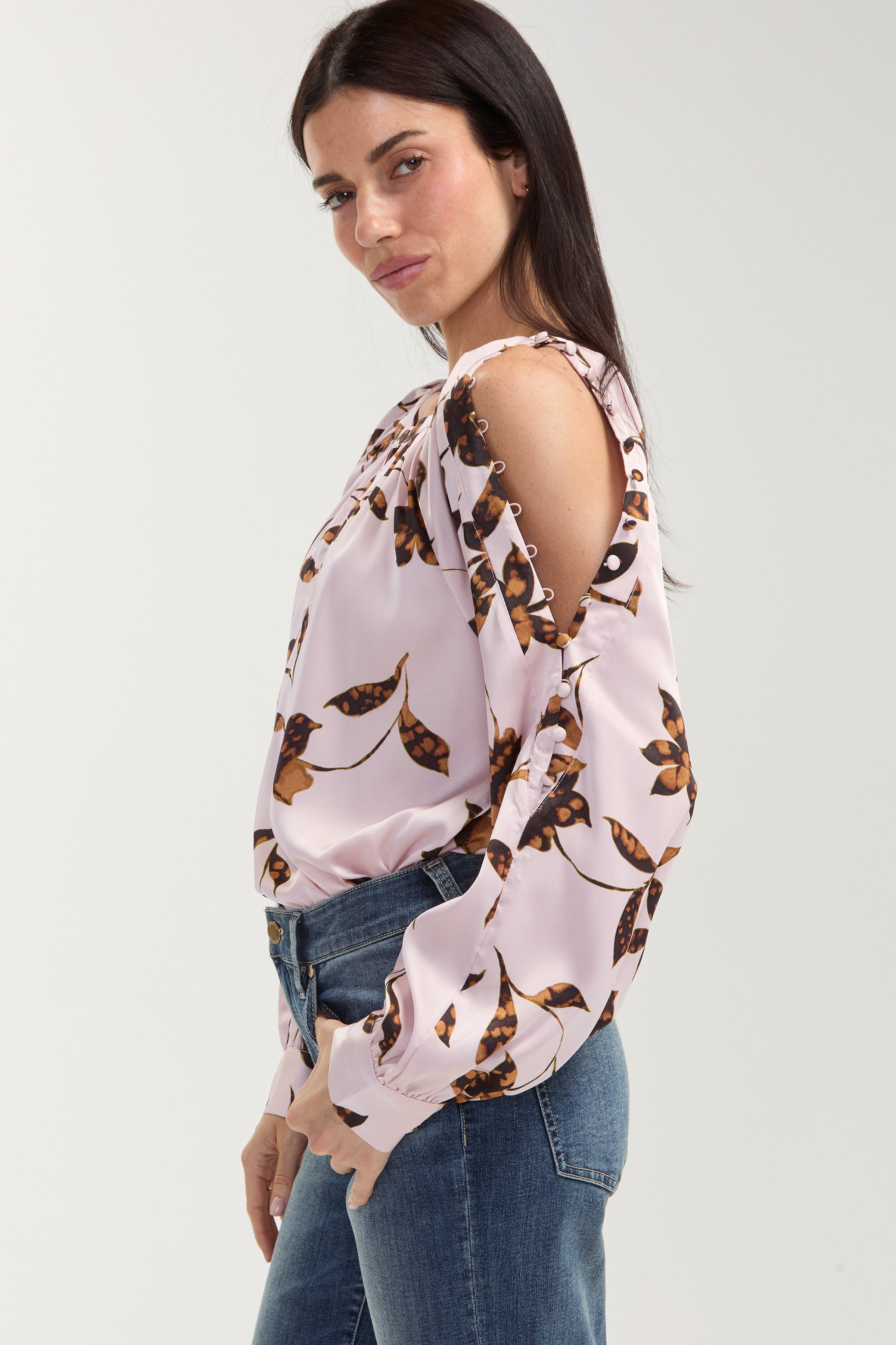 Liverpool Long Sleeve Satin Print Blouse with Buttons on Sleeves at ooh la la in Grapevine TX 76051