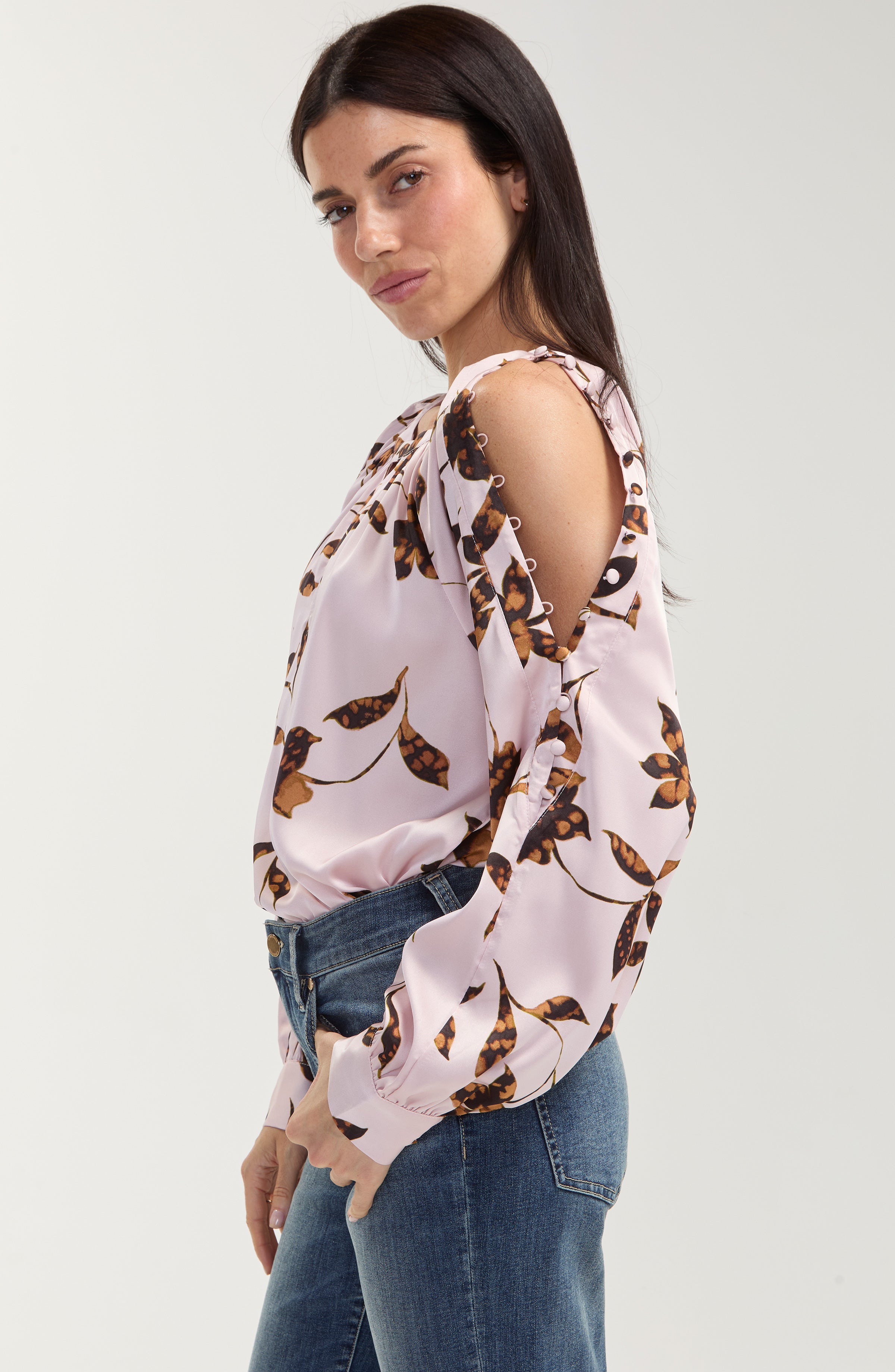 Liverpool Long Sleeve Satin Print Blouse with Buttons on Sleeves at ooh la la in Grapevine TX 76051