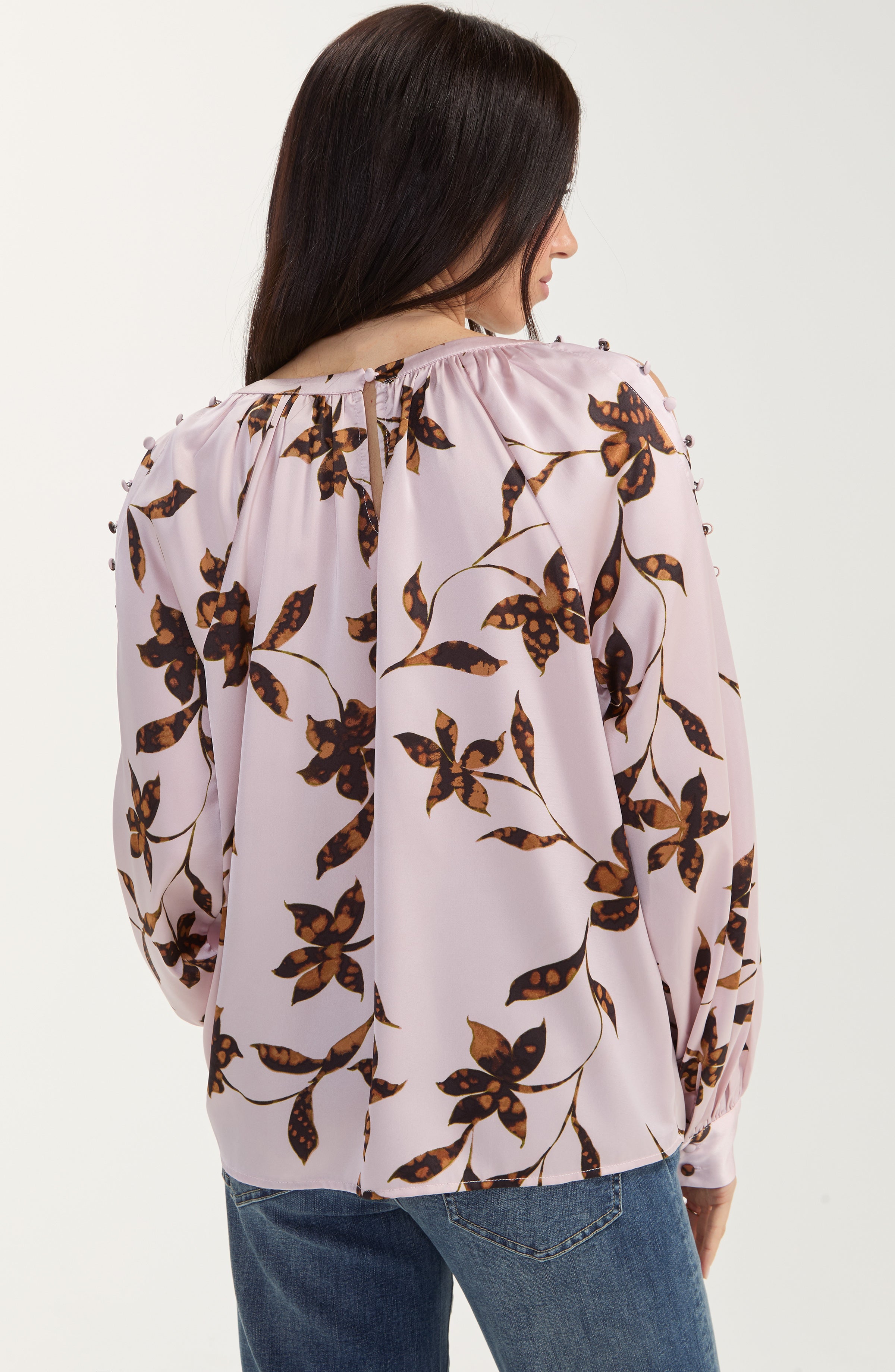 Liverpool Long Sleeve Satin Print Blouse with Buttons on Sleeves at ooh la la in Grapevine TX 76051