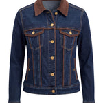 Liverpool Classic Trucker Jacket in dark indigo denim with chocolate velvet collar and trim detailing