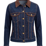 Liverpool Classic Trucker Jacket in dark indigo denim with chocolate velvet collar and trim detailing