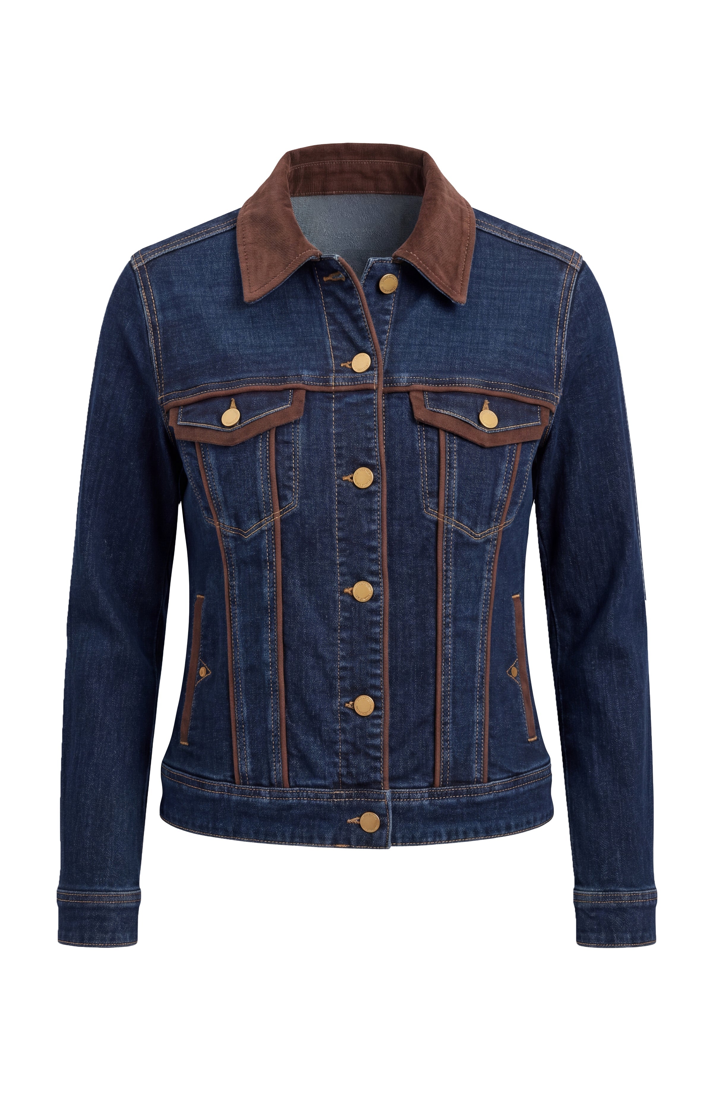 Liverpool Classic Trucker Jacket in dark indigo denim with chocolate velvet collar and trim detailing