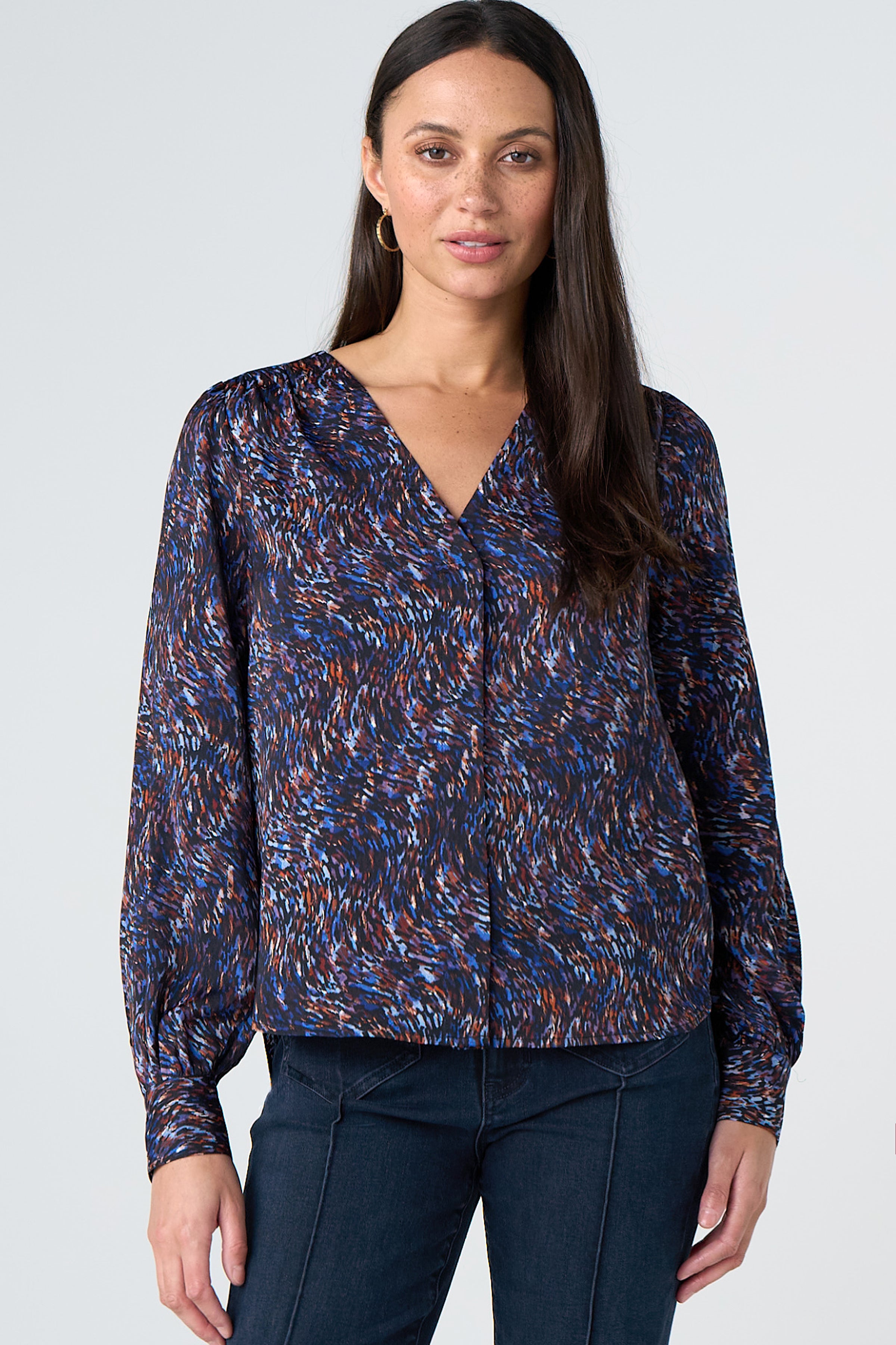 Liverpool Long Sleeve Print Blouse in blue/brown multi print at ooh la la! in Grapevine TX 76051