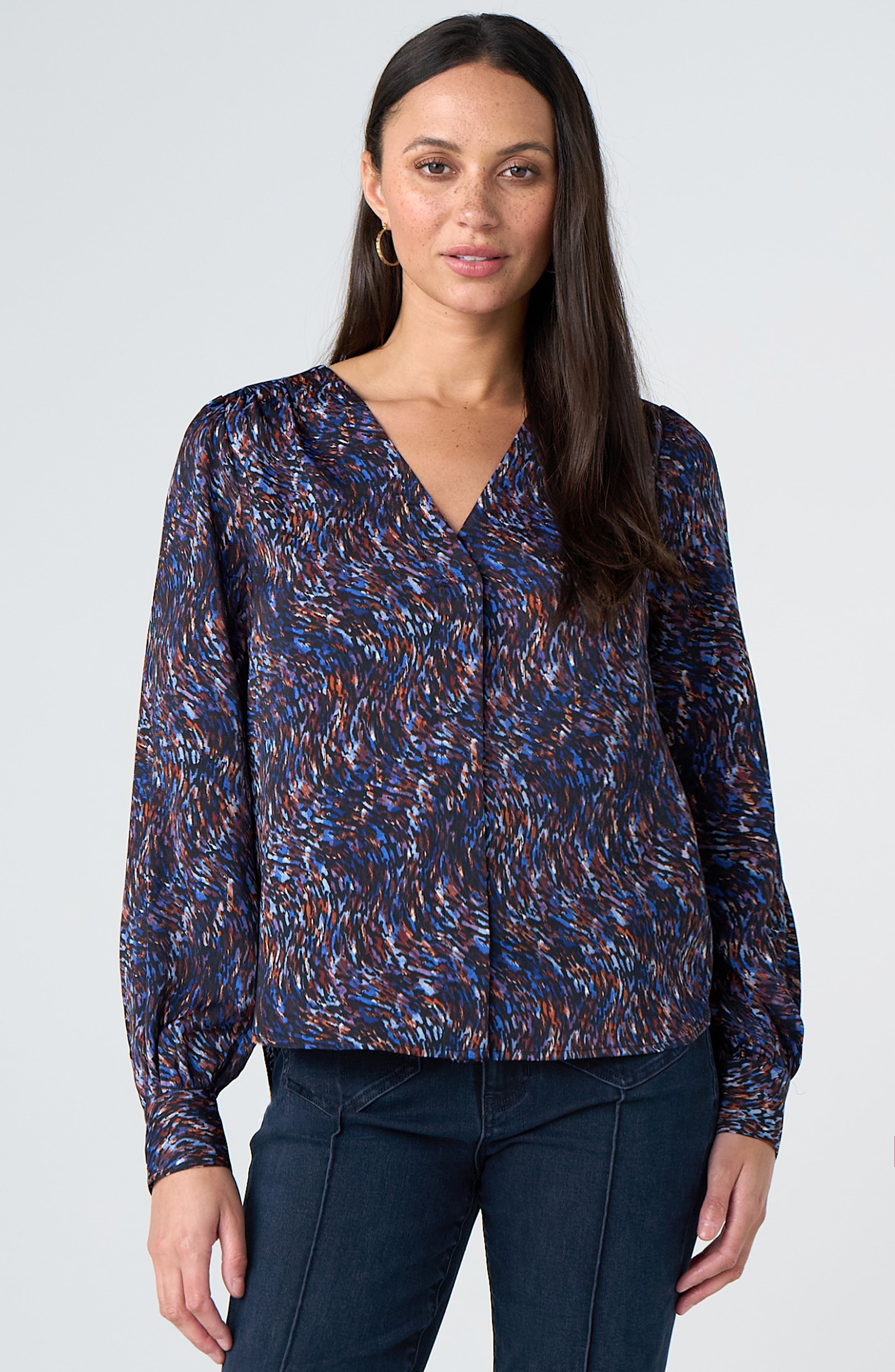 Liverpool Long Sleeve Print Blouse in blue/brown multi print at ooh la la! in Grapevine TX 76051