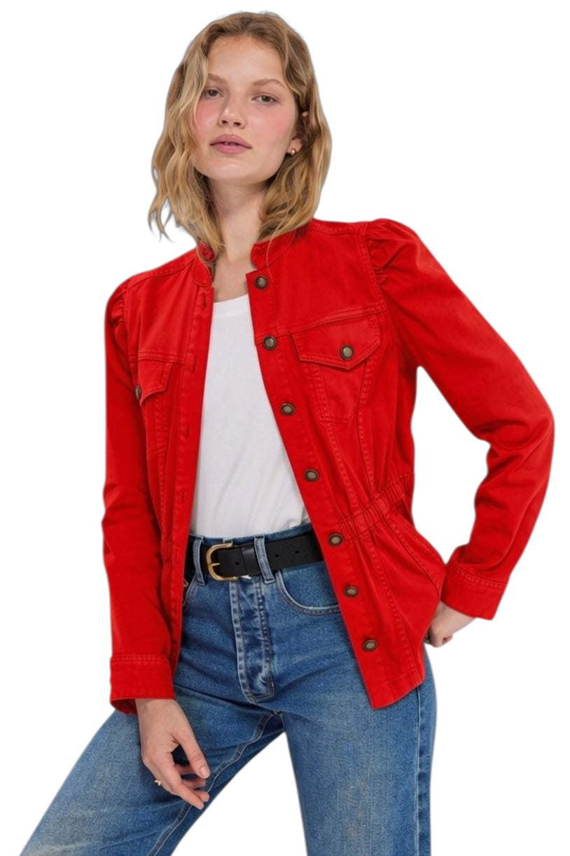 Liverpool Puff Sleeve Trucker Jacket with Ruffle Collar in Sundance Red at ooh la la! in Grapevine TX 76051