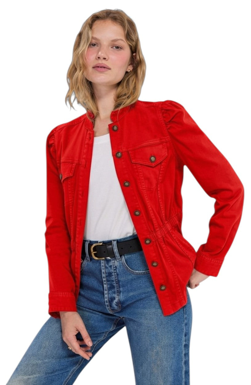 Liverpool Puff Sleeve Trucker Jacket with Ruffle Collar in Sundance Red at ooh la la! in Grapevine TX 76051