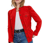 Liverpool Puff Sleeve Trucker Jacket with Ruffle Collar in Sundance Red at ooh la la! in Grapevine TX 76051