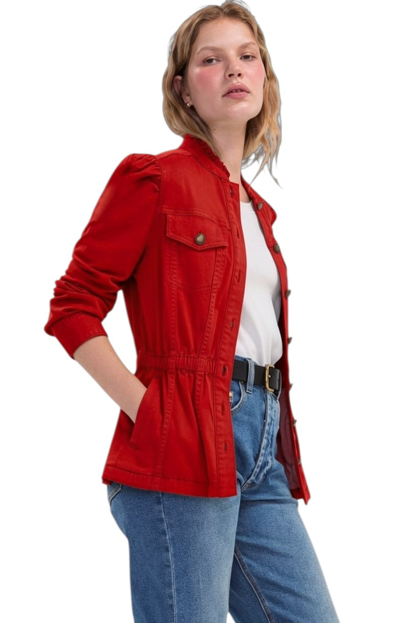 Liverpool Puff Sleeve Trucker Jacket with Ruffle Collar in Sundance Red at ooh la la! in Grapevine TX 76051