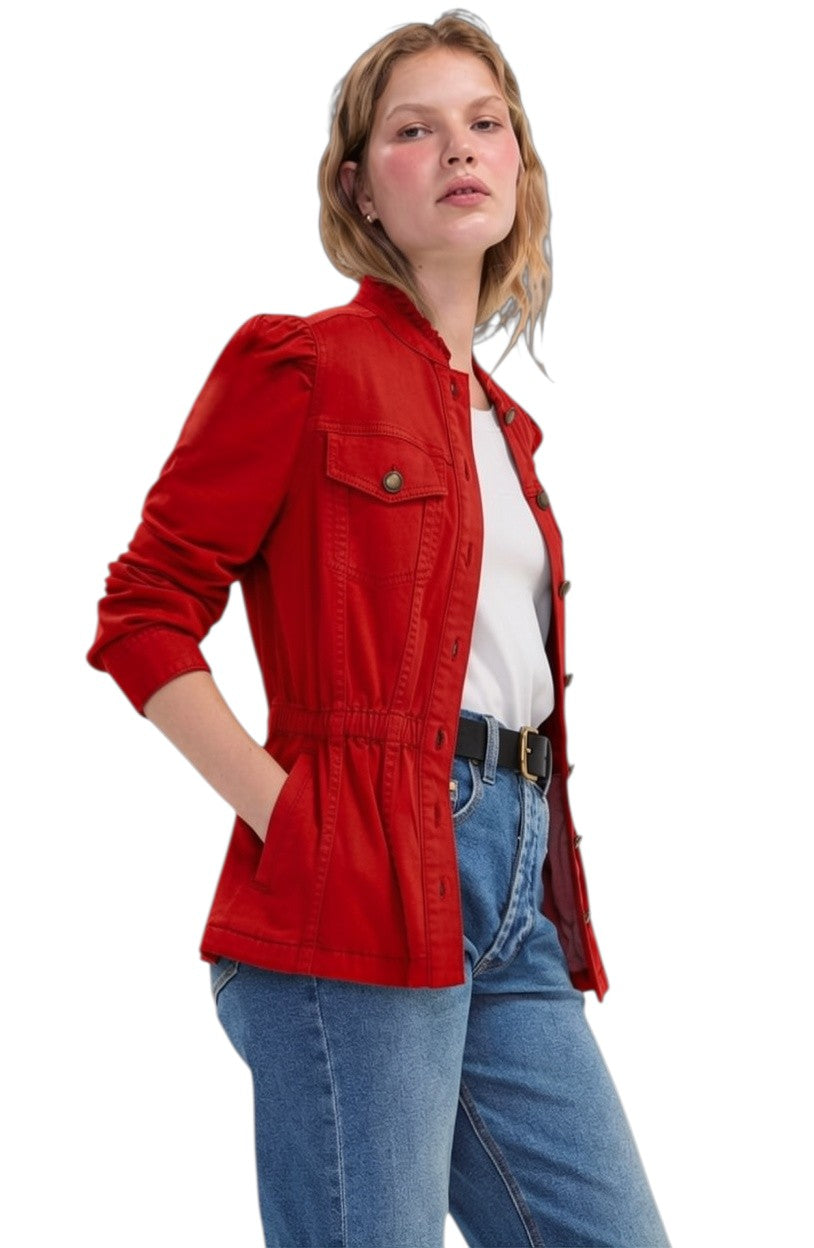 Liverpool Puff Sleeve Trucker Jacket with Ruffle Collar in Sundance Red at ooh la la! in Grapevine TX 76051