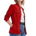 Liverpool Puff Sleeve Trucker Jacket with Ruffle Collar in Sundance Red at ooh la la! in Grapevine TX 76051