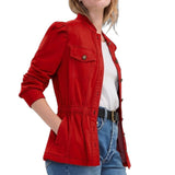 Liverpool Puff Sleeve Trucker Jacket with Ruffle Collar in Sundance Red at ooh la la! in Grapevine TX 76051