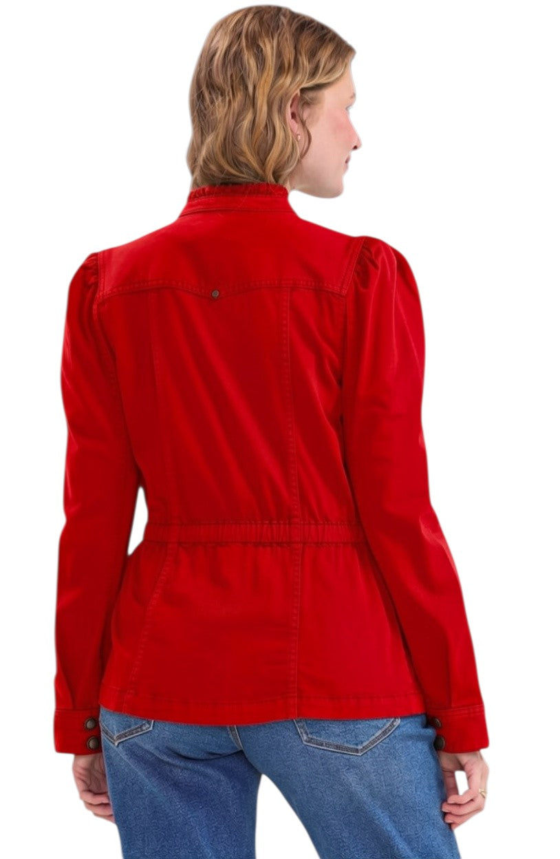 Liverpool Puff Sleeve Trucker Jacket with Ruffle Collar in Sundance Red at ooh la la! in Grapevine TX 76051