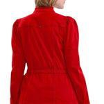 Liverpool Puff Sleeve Trucker Jacket with Ruffle Collar in Sundance Red at ooh la la! in Grapevine TX 76051