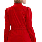 Liverpool Puff Sleeve Trucker Jacket with Ruffle Collar in Sundance Red at ooh la la! in Grapevine TX 76051