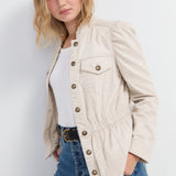 Liverpool Puff Sleeve Trucker Jacket with Ruffle Collar in Bone at ooh la la! in Grapevine TX 76051