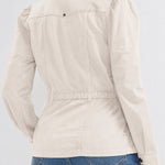 Liverpool Puff Sleeve Trucker Jacket with Ruffle Collar in Bone at ooh la la! in Grapevine TX 76051