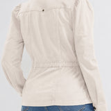 Liverpool Puff Sleeve Trucker Jacket with Ruffle Collar in Bone at ooh la la! in Grapevine TX 76051