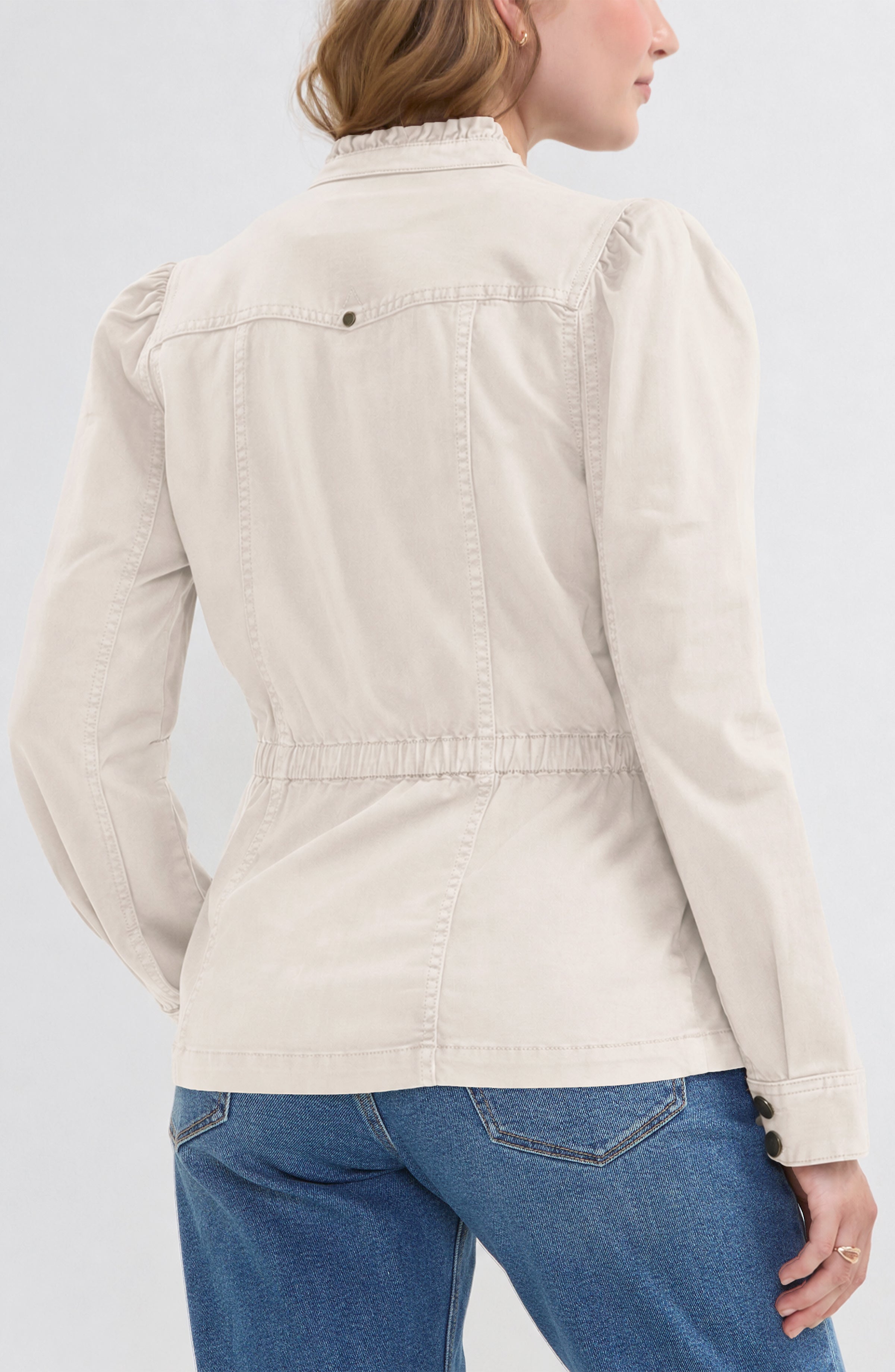 Liverpool Puff Sleeve Trucker Jacket with Ruffle Collar in Bone at ooh la la! in Grapevine TX 76051