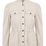 Liverpool Puff Sleeve Trucker Jacket with Ruffle Collar in Bone at ooh la la! in Grapevine TX 76051