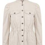 Liverpool Puff Sleeve Trucker Jacket with Ruffle Collar in Bone at ooh la la! in Grapevine TX 76051
