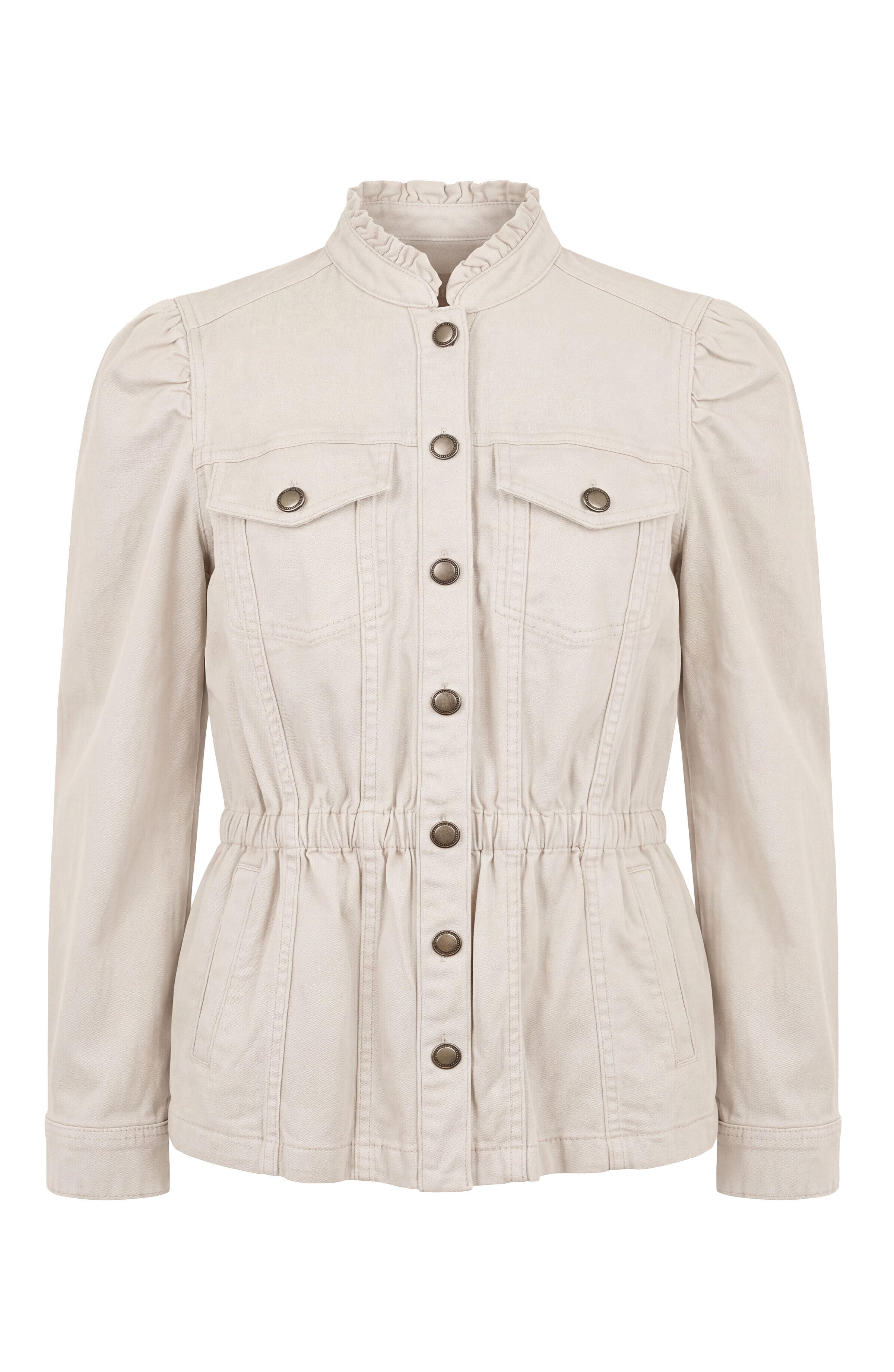 Liverpool Puff Sleeve Trucker Jacket with Ruffle Collar in Bone at ooh la la! in Grapevine TX 76051
