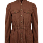 Liverpool Puff Sleeve Trucker Jacket with Ruffle Collar in Carob Brown at ooh la la! in Grapevine TX 76051
