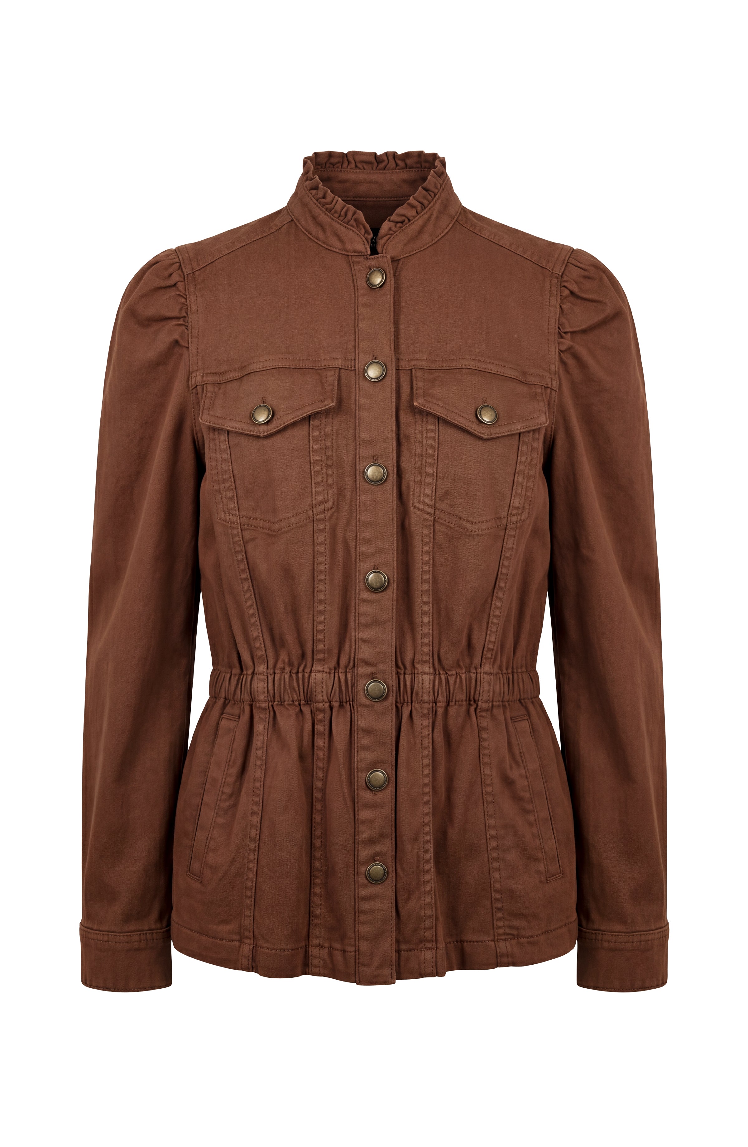 Liverpool Puff Sleeve Trucker Jacket with Ruffle Collar in Carob Brown at ooh la la! in Grapevine TX 76051