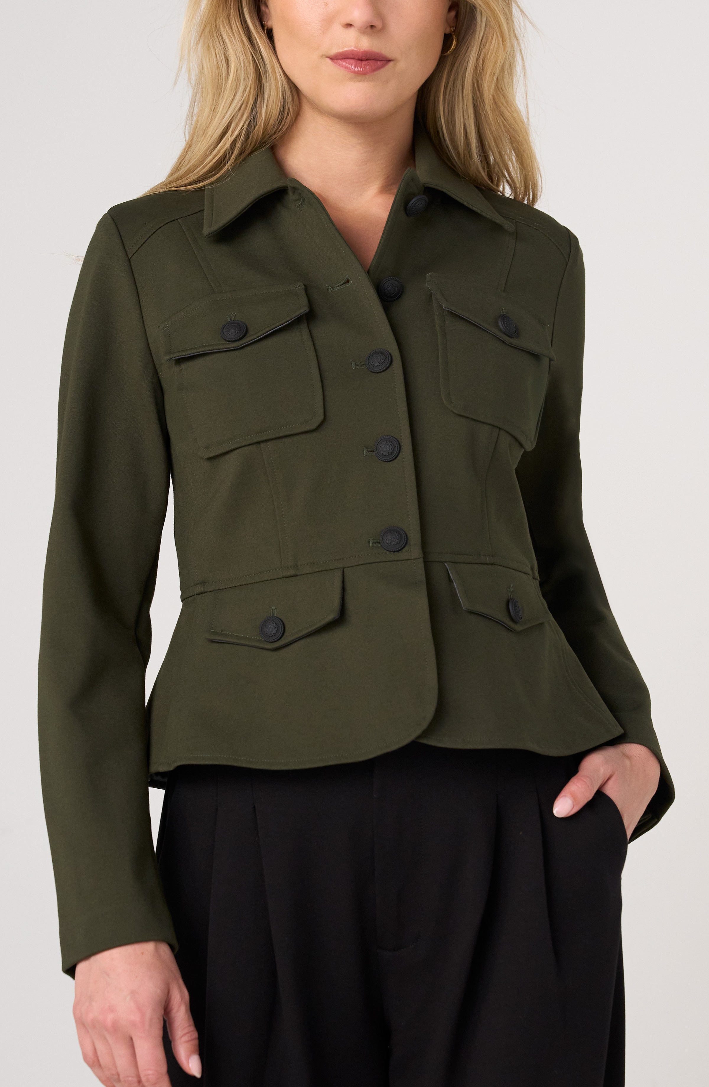 Liverpool Peplum Jacket in Hunter Green at ooh la la! in Grapevine TX 76051