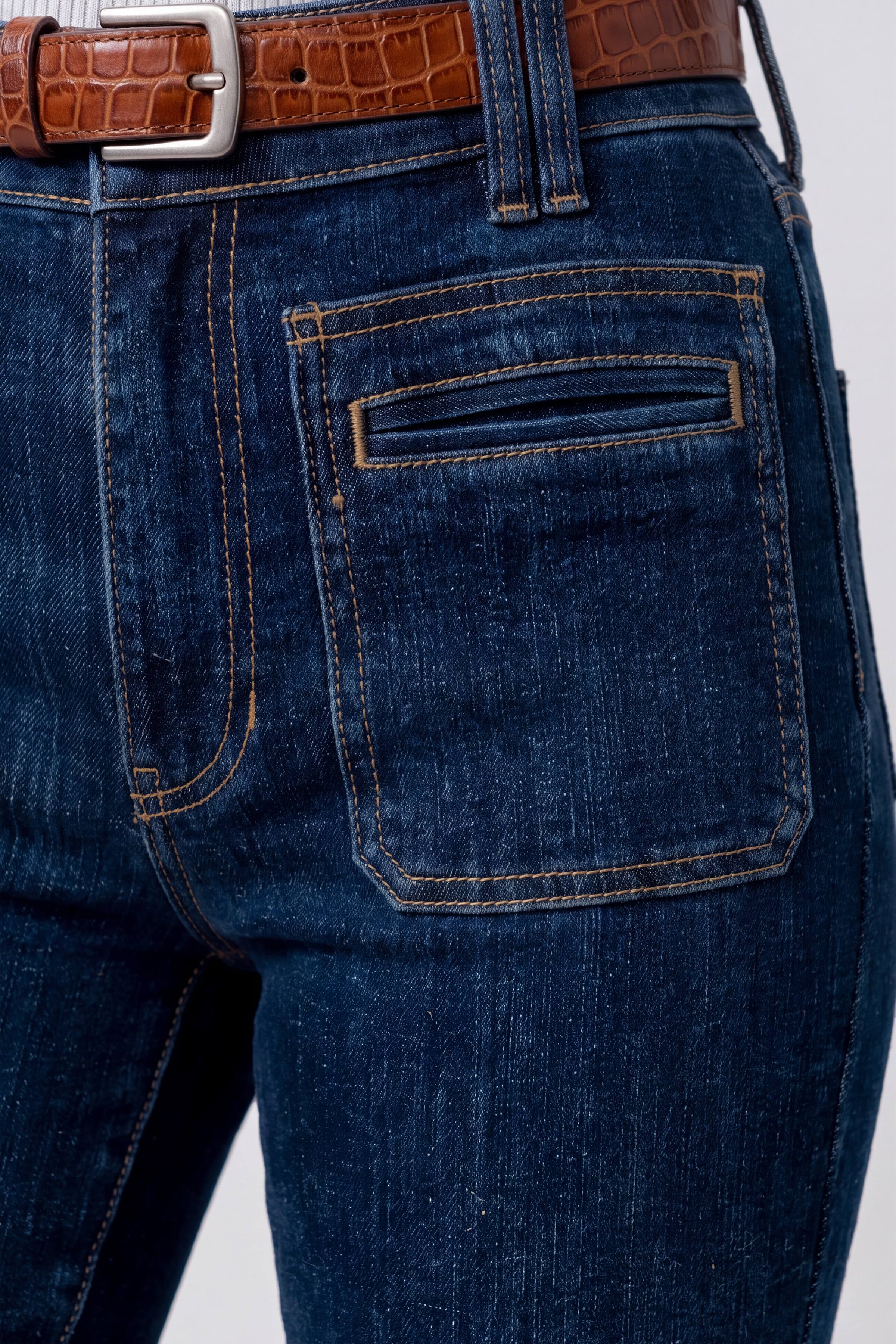 Liverpool Hannah Flare jeans with vintage patch pockets in collegiate blue denim at ooh la la! in Grapevine TX 76051