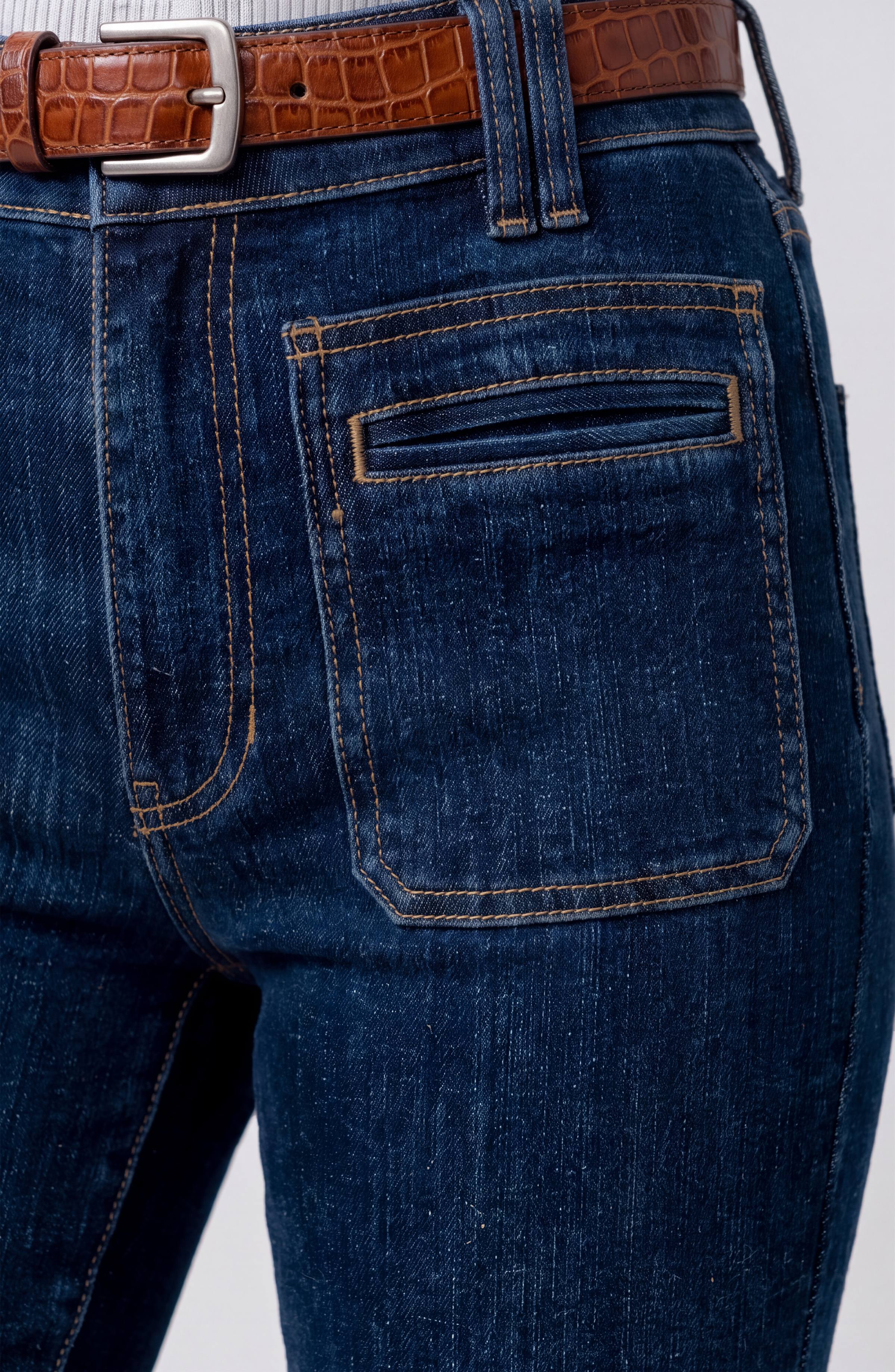 Liverpool Hannah Flare jeans with vintage patch pockets in collegiate blue denim at ooh la la! in Grapevine TX 76051