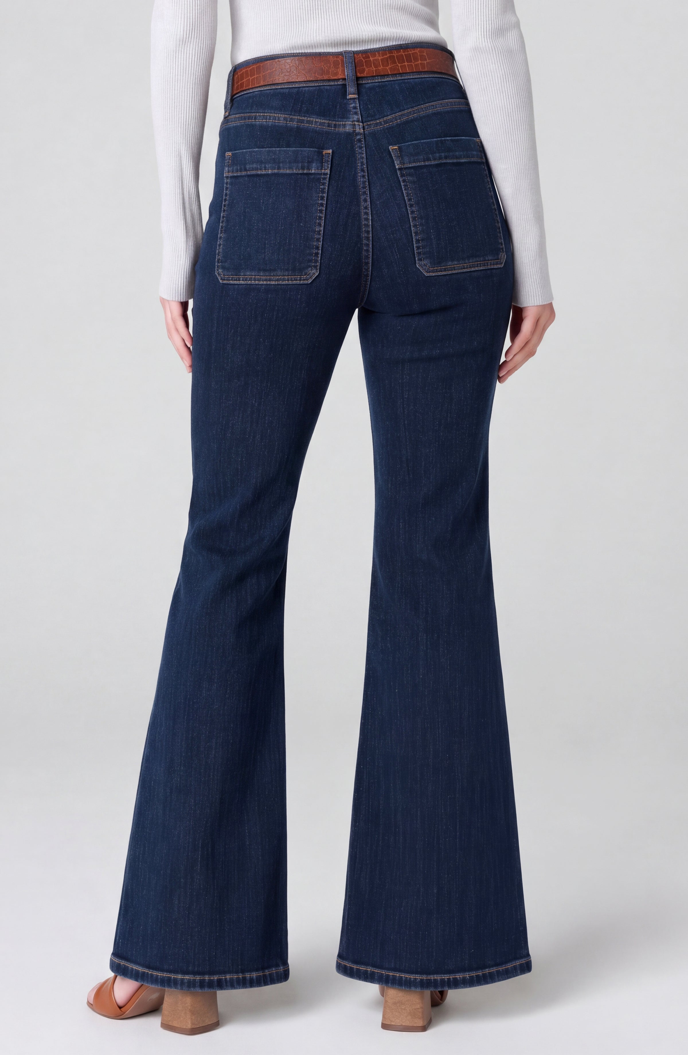 Liverpool Hannah Flare jeans with vintage patch pockets in collegiate blue denim at ooh la la! in Grapevine TX 76051
