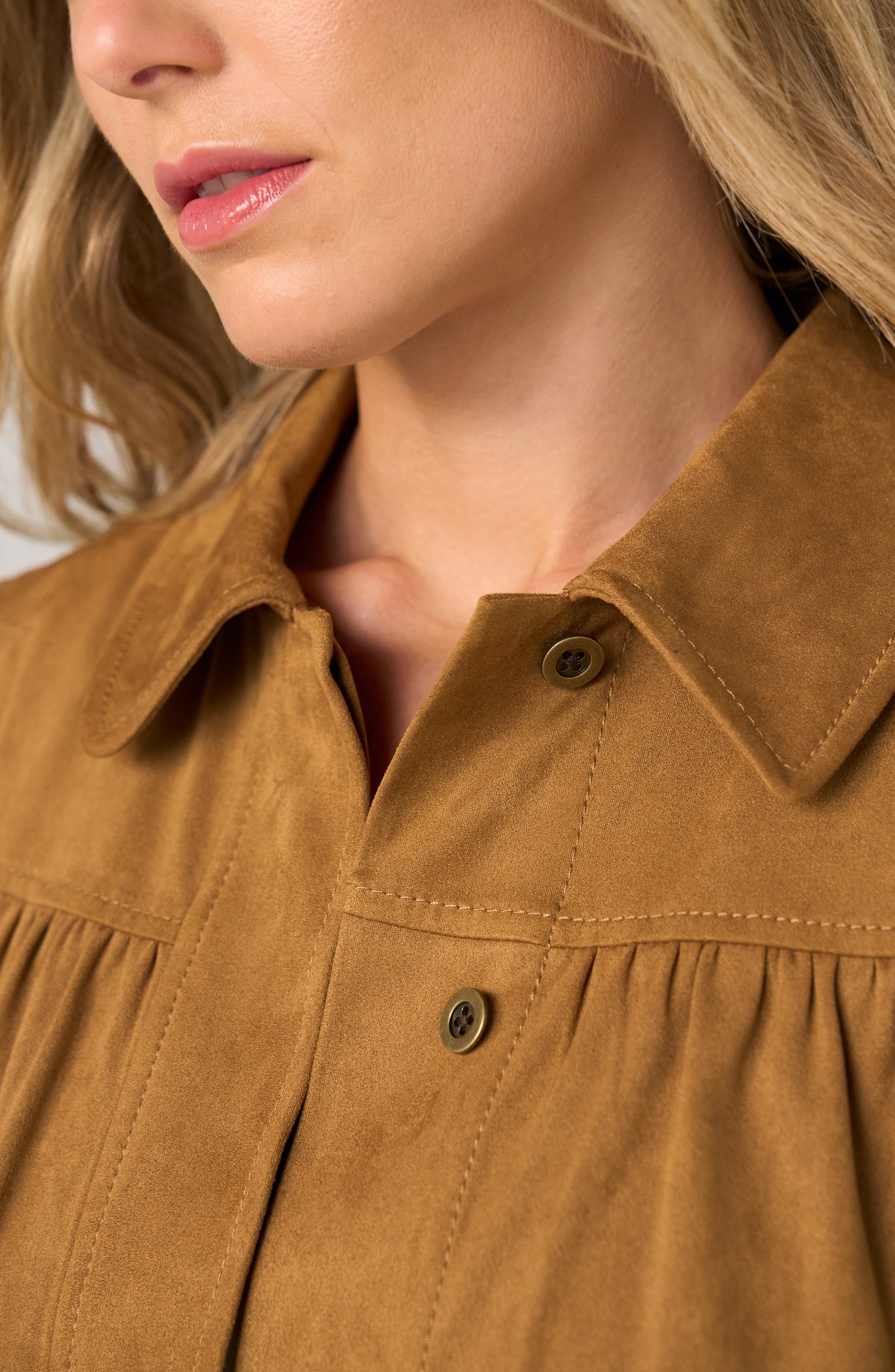 Liverpool Puff Sleeve Faux Suede Jacket with Laser Cut Hem at ooh la la! in Grapevine TX 76051