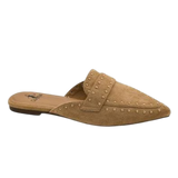 Corky's Mischief Pointed Toe Studded Flat Mule - Camel Faux Suede at ooh la la in Grapevine TX 76051