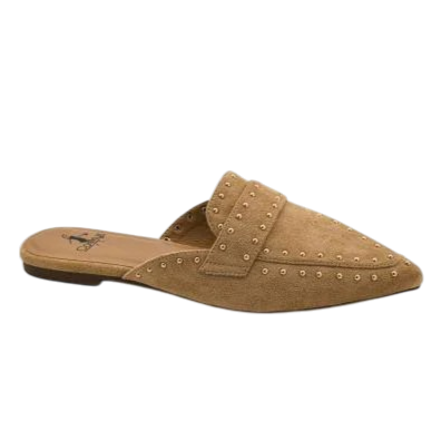 Corky's Mischief Pointed Toe Studded Flat Mule - Camel Faux Suede at ooh la la in Grapevine TX 76051