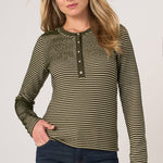 Liverpool long sleeve knit henley top in olive cream stripe with snap buttons