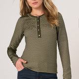 Liverpool long sleeve knit henley top in olive cream stripe with snap buttons