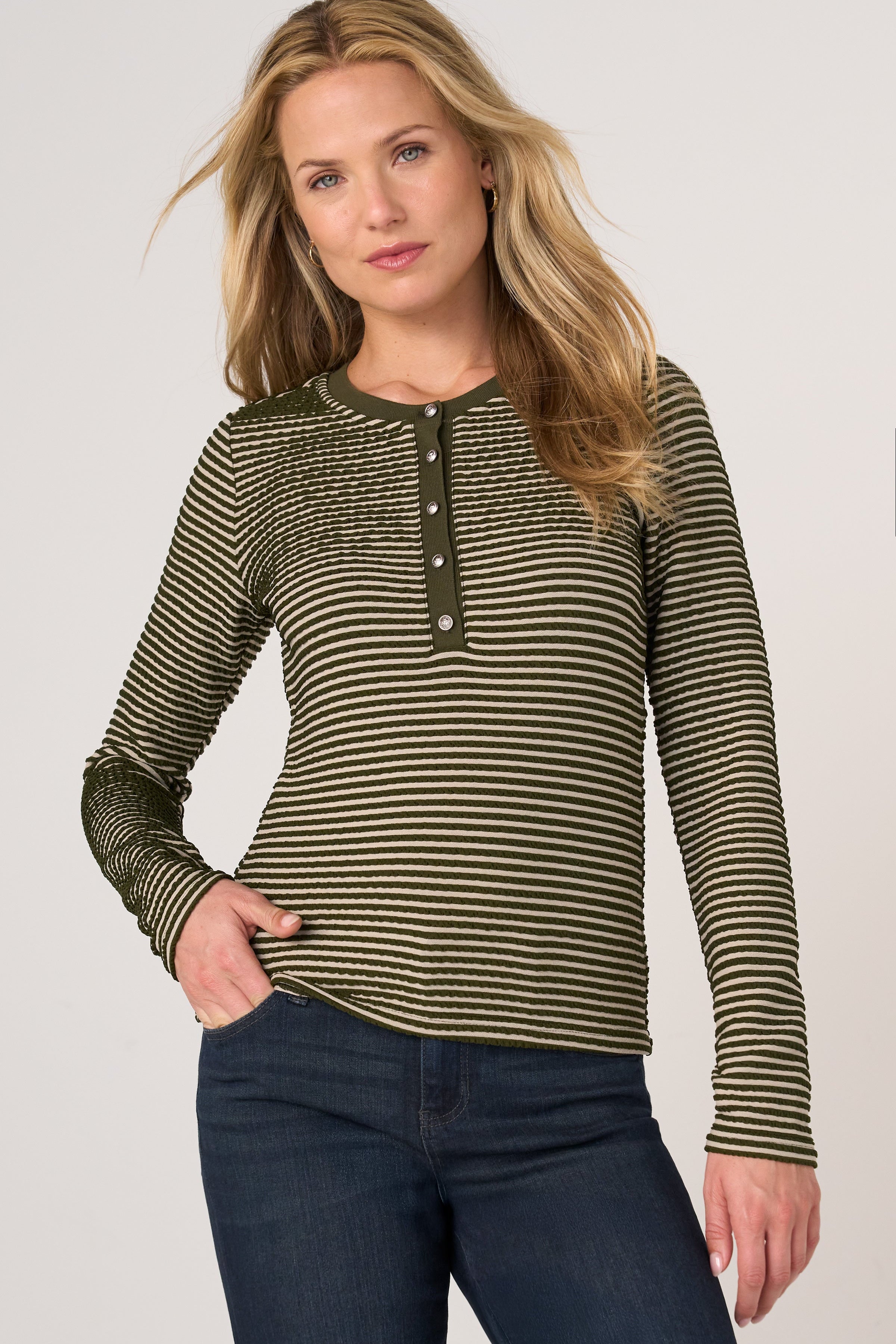 Liverpool long sleeve knit henley top in olive cream stripe with snap buttons