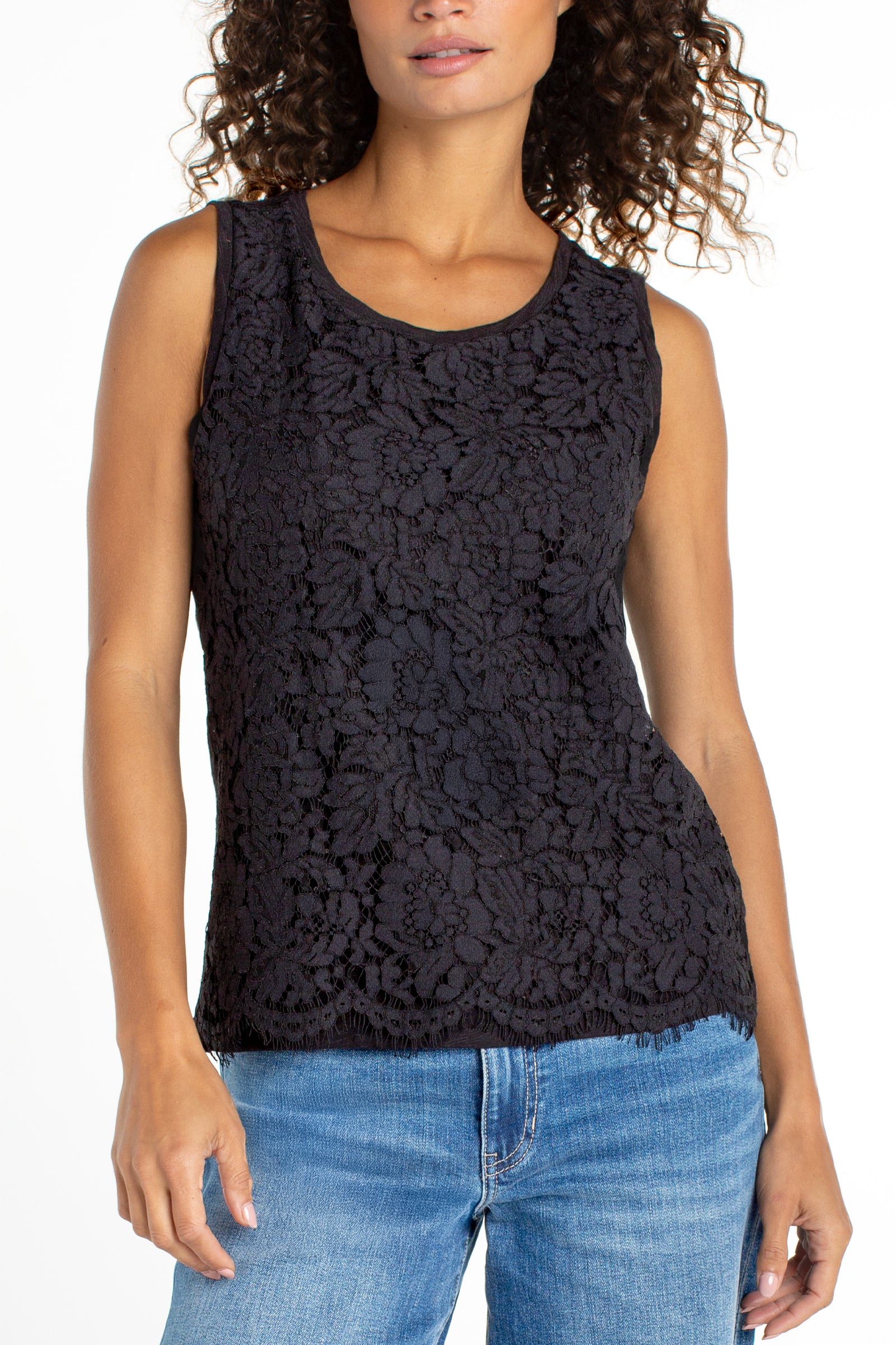 Liverpool Sleeveless Lace to Knit Top in black at ooh la la! in Grapevine TX 76051