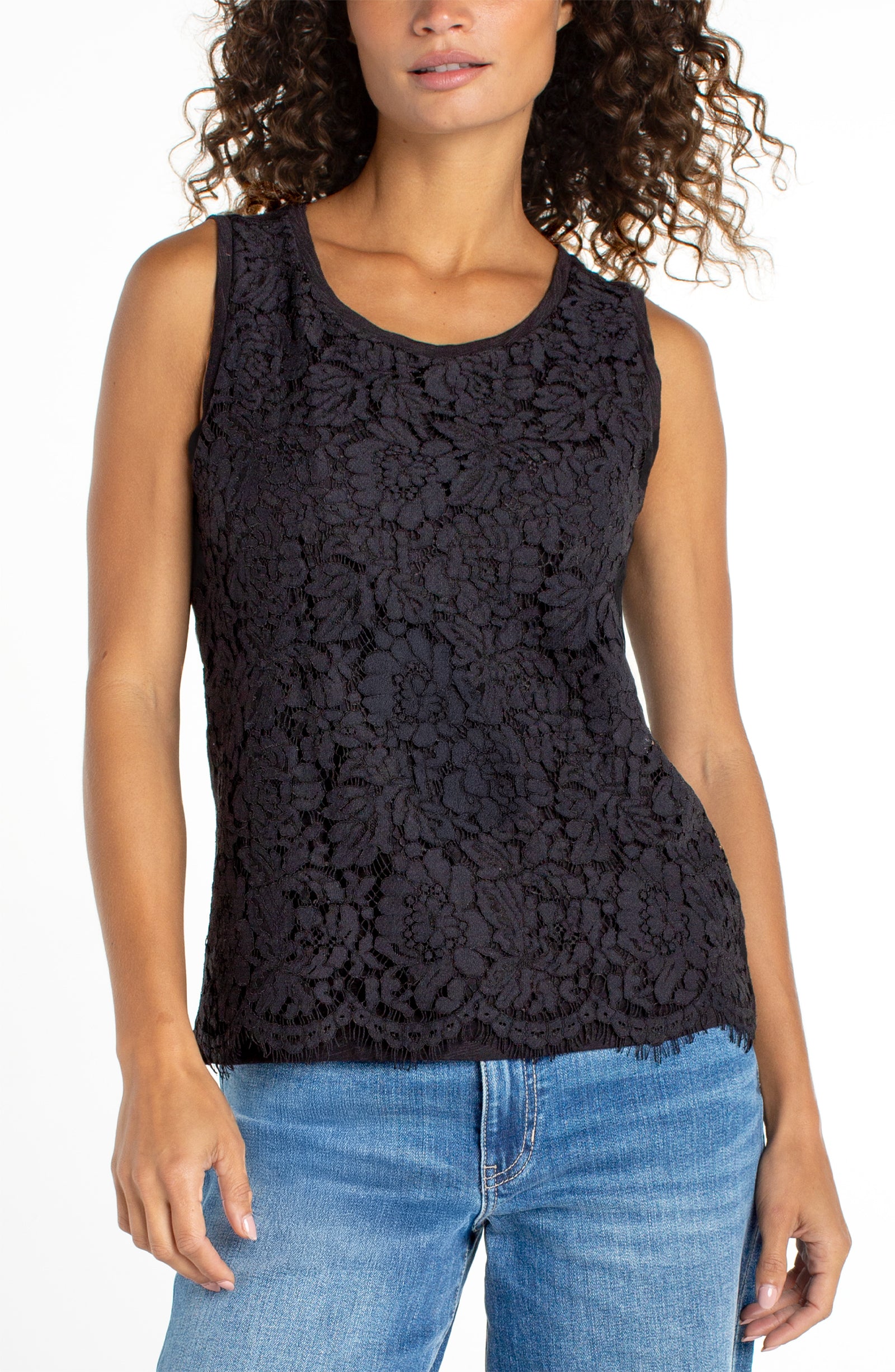 Liverpool Sleeveless Lace to Knit Top in black at ooh la la! in Grapevine TX 76051