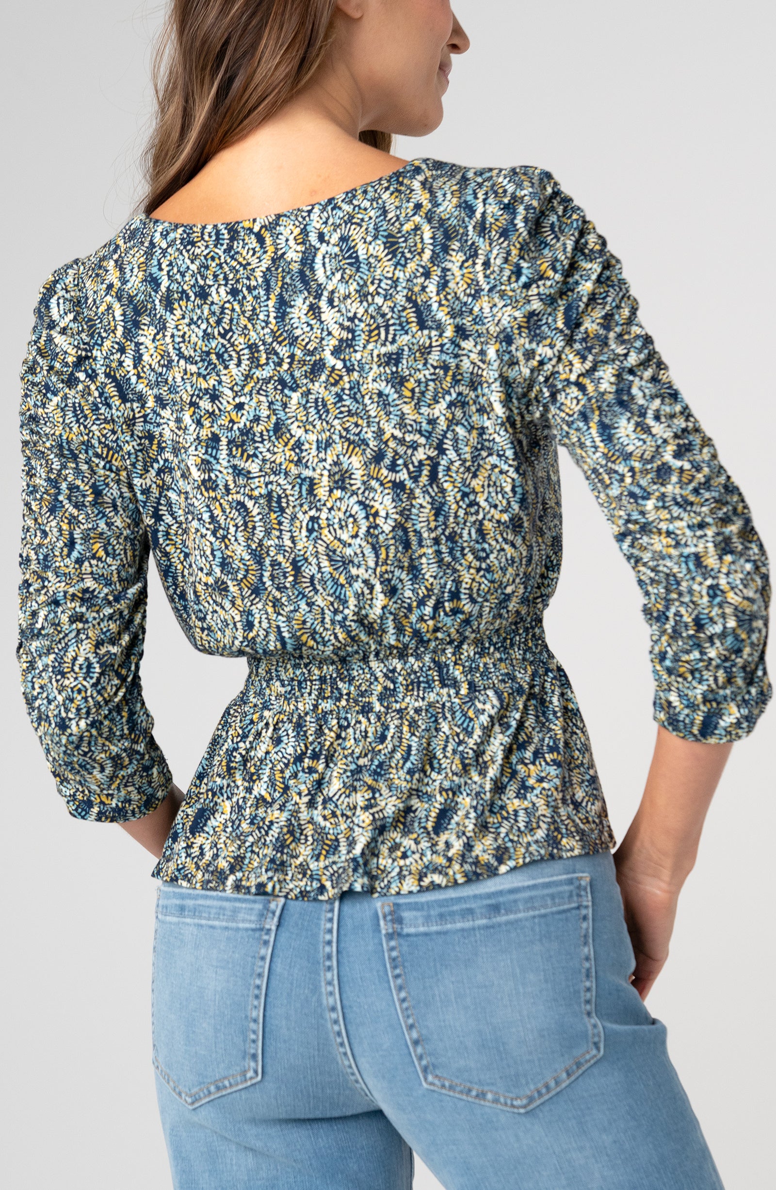 Liverpool 3/4 Ruched Slv V Neck Knit Top at Ooh La La! in Grapevine TX 76051
